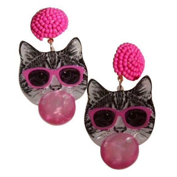 Cute cat with bubble gum Cartoon Acrylic Drop & Dangle Earrings - Picture 1 of 2